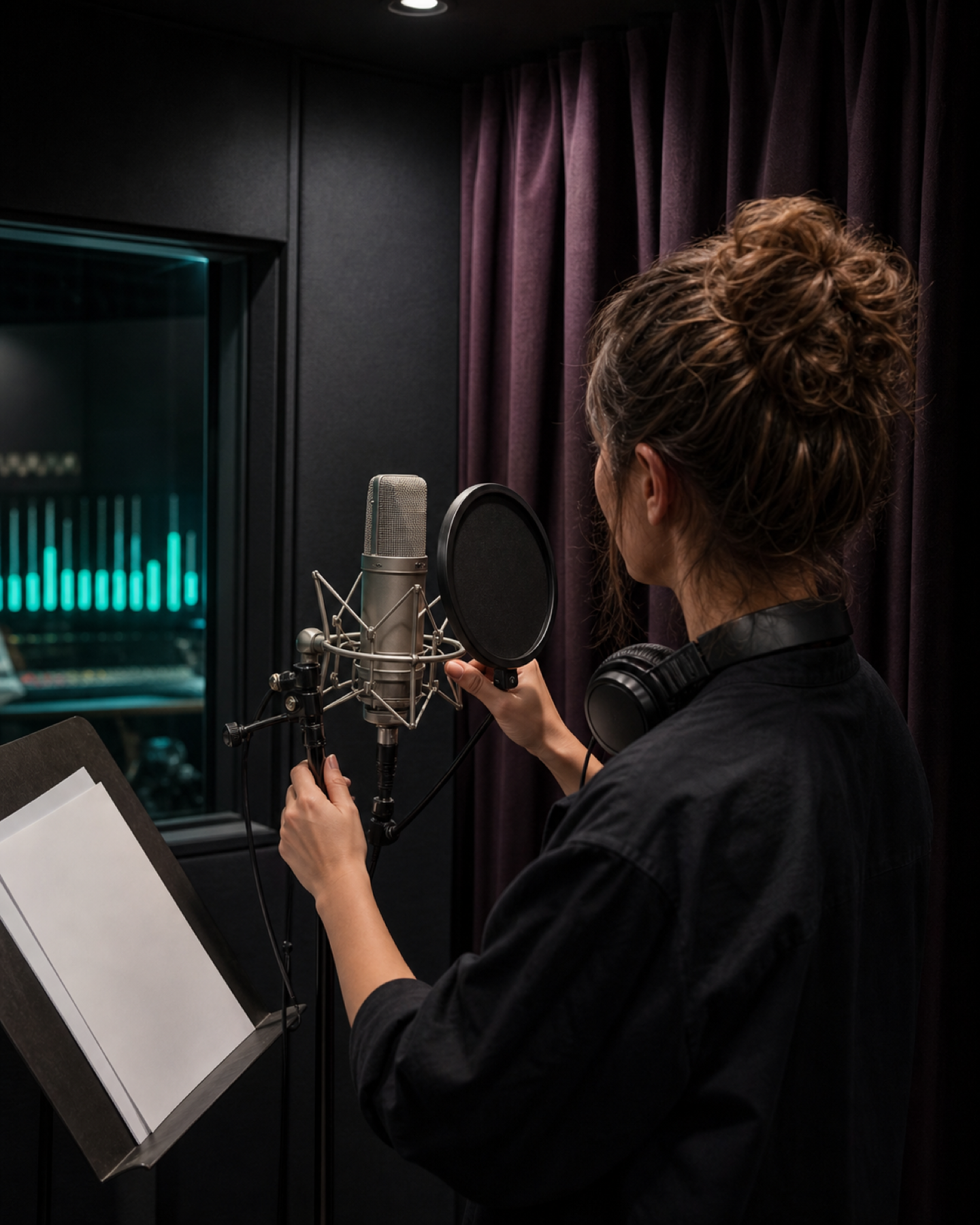 Personne réglant un microphone dans une cabine de voix.