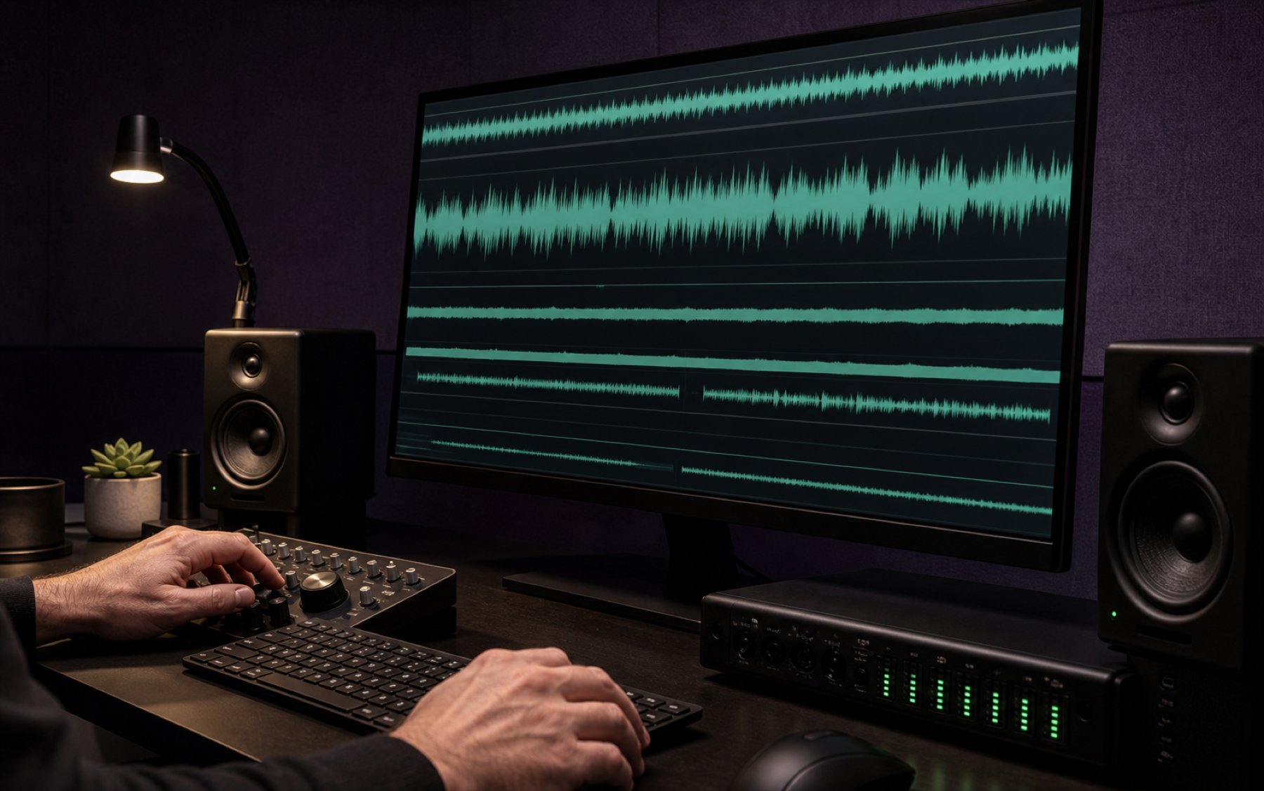 Poste de montage audio avec formes d’onde abstraites.