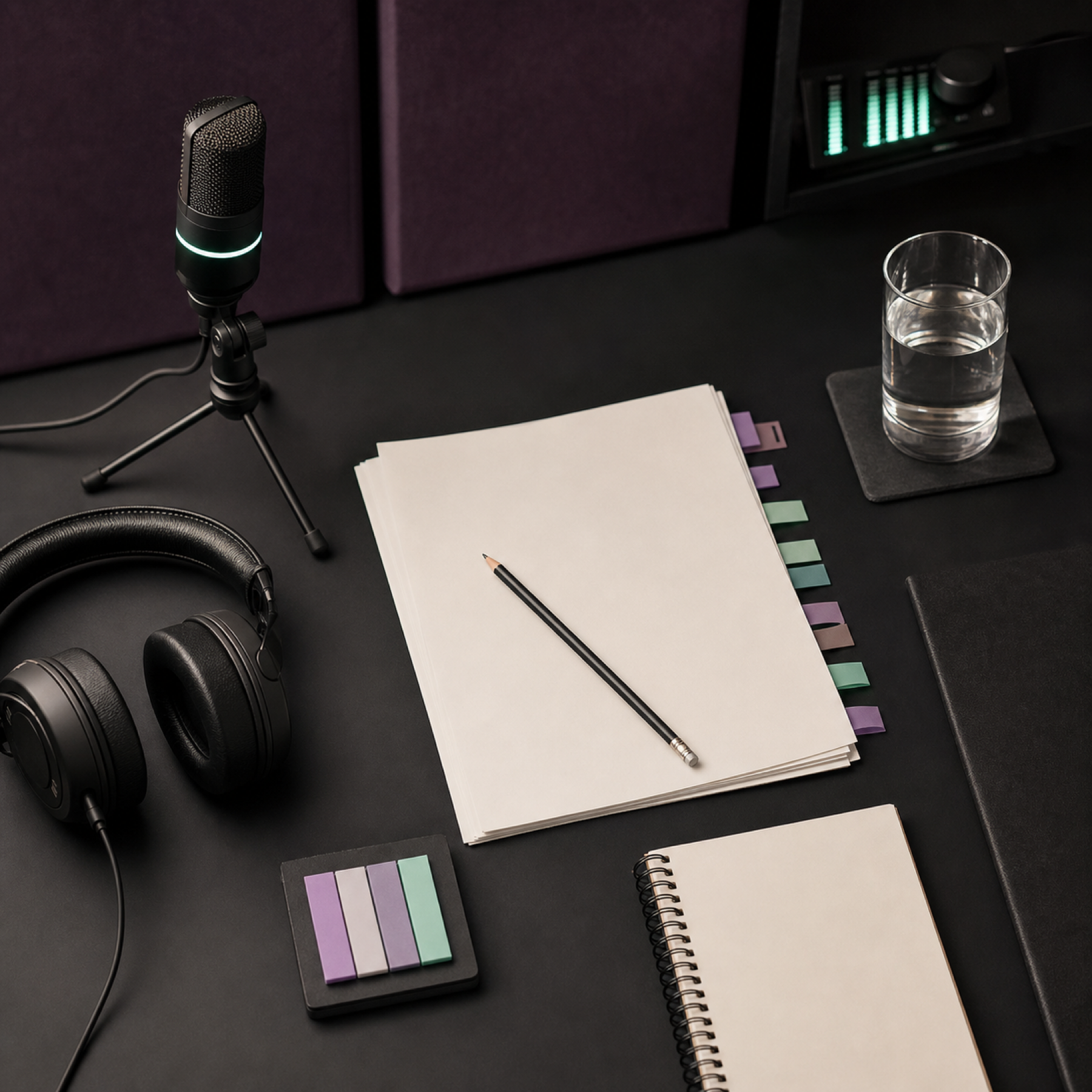 Documents vierges, casque, micro de table et verre d’eau préparés pour une session.