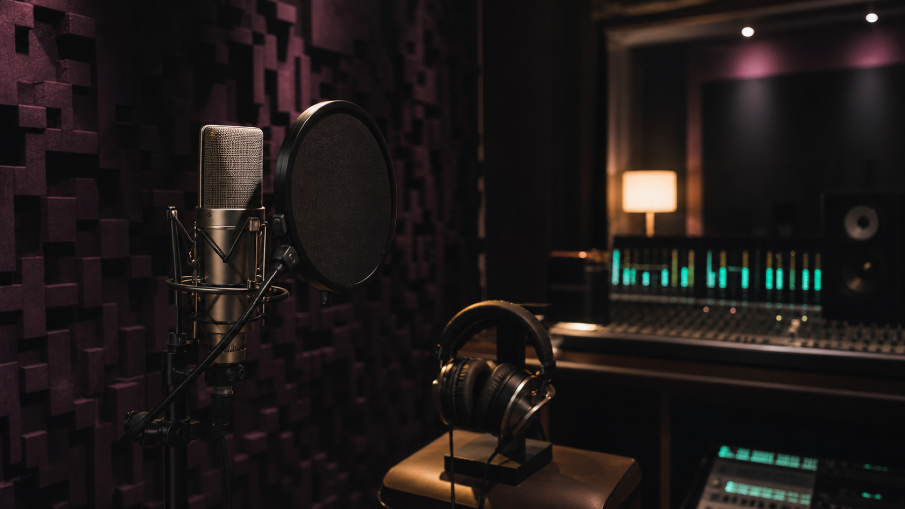 Microphone, casque et régie dans une ambiance acoustique sombre.