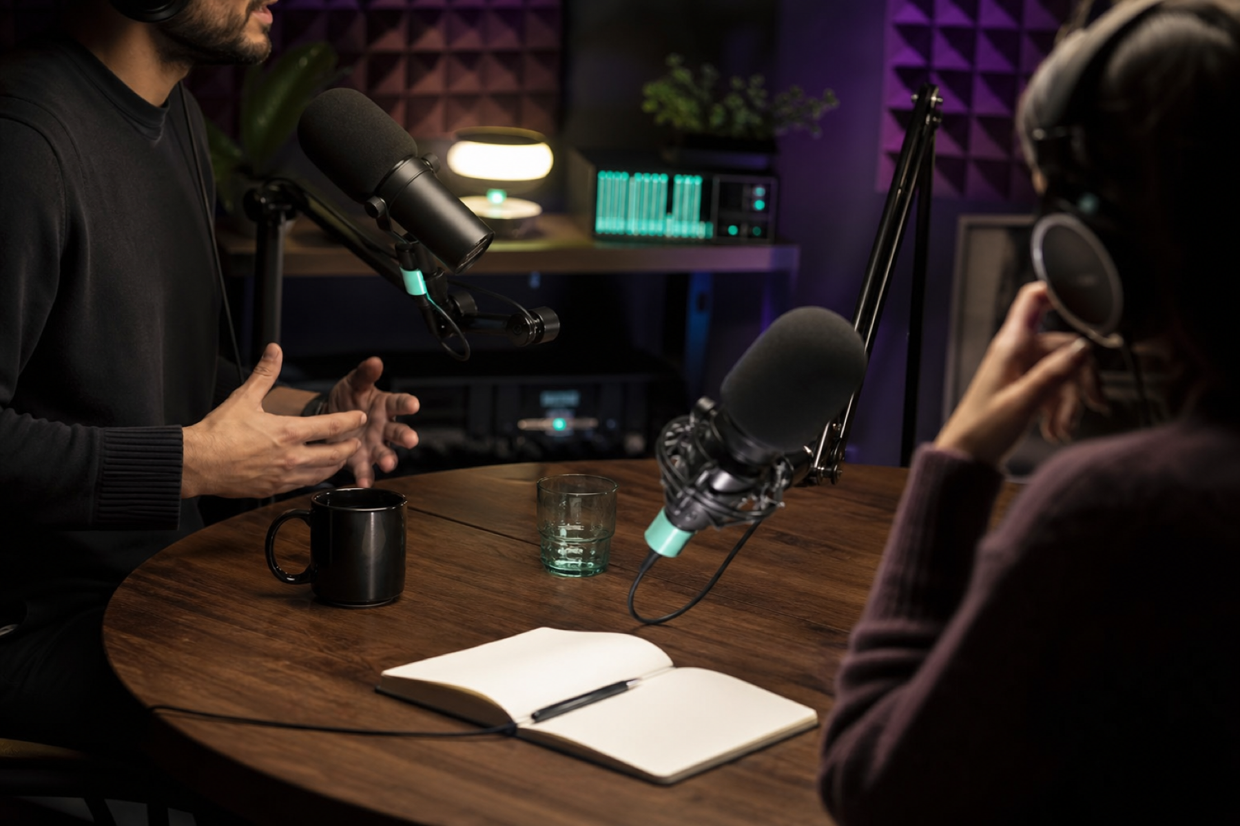 Deux personnes non identifiables enregistrent autour d’une table de podcast.
